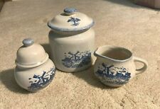 Stone China Pottery Jug Town Canister Set Windmill Crock Sugar & Creamer Lids   picture