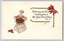 Postcard Christmas Beautiful Lady Rococo Dress With Poinsettia Flowers Signed picture