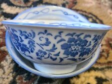 2 Vintage Chinese Blue and White Hand Painted Footed 5 Inch Diameter Bowls picture