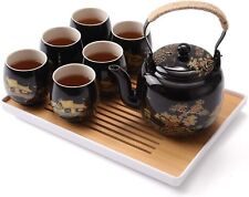 Beautiful Asian Porcelain Tea Set, Black with 1 Teapot, 6 Tea Cups, 1 Tea Tray picture