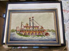 19TH CENTURY CLOTH EMBROIDERED STEAM BOAT FRAMED 10 X14