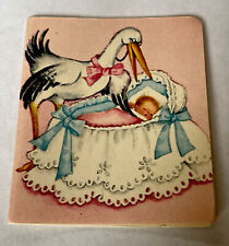 1 Vintage Stork Baby White Bassinet Baby Shower Two Way Tally Card Art Print NOS picture