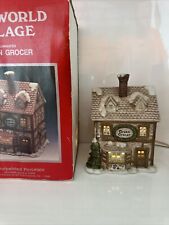 Vtg 1990 Old World Village Illuminated Green Grocer Porcelain House Christmas picture