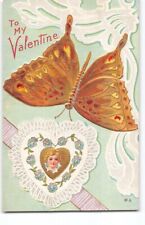 VF~Winged Butterfly Insect~Embossed Valentine Greeting Antique Postcard-N5 picture