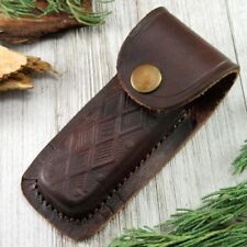 NEW Pocket Folding Knife Case Textured Brown Genuine Leather Belt Sheath 4in. picture
