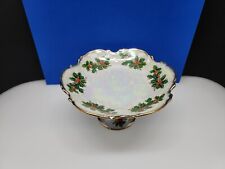 Vintage Ucagco Lusterware Iridescent Christmas Holly Pedestal Candy Cookie Dish picture