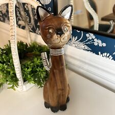 VTG MCM Art Carved Wooden Cat Metal Ears & Collar Coil Tail Silver Eyes 12” picture