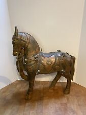 Ornate Antique Carved Wooden Marwari War Horse Brass / Copper Accents Made India picture