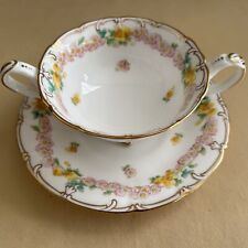 Antique Cauldon Teacup And Saucer Double Handle Pink Yellow Floral Pattern K8615 picture