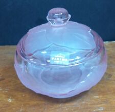 Vintage Viking Glass Pink Covered Round Candy / Vanity Powder Jar Dish Leaf picture