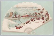 Greetings~Winter Town Scene & Birds On Tree Near Lake~Embossed~Vintage Postcard picture