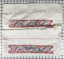 Vtg Embroidered Pillowcases Set 2 Hand Cross Stitch Floral picture