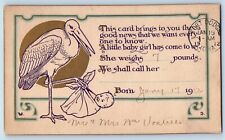 Lohrville Iowa IA  Postcard Stork Delivering Baby Girl Arts Crafts 1912 Antique picture