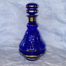 Vintage Rossini Empoli Italy Cobalt Blue and Gold Glass Decanter w/ Stopper 9” picture