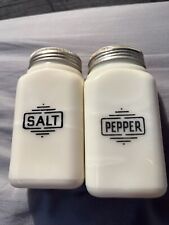 Vintage Hazel Atlas White Milk Glass Salt & Pepper Shakers Set 50s 60s w lids picture