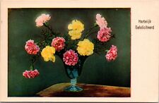 VINTAGE POSTCARD DUTCH HEARTY CONGRATULATIONS VASE OF FLOWERS MAILED 1939 picture