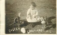 Postcard RPPC 1912 :little girl Easter Bunny pull cart toy flowers 23-12496 picture