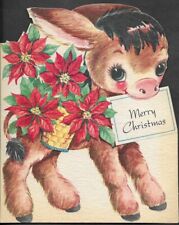 VINTAGE DIE CUT CHRISTMAS CARD DONKEY POINSETTAS picture