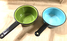 vintage farmhouse blue & olive w/black trim enamel ware cooking pots set of 2 picture