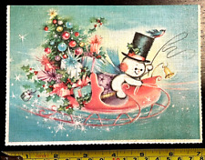 Vtg Highly Textured Glittered Frosty Snowman Sleigh Christmas Greeting Card picture