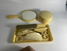 7 Piece, Bakelite Vintage French Ivory Hand Vanity Mirror Grooming Kit picture
