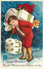 Embossed Christmas Postcard S/A Clapsaddle Child Loaded WIth Gifts on Back 1045 picture