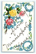 c1910's Greetings From Minneapolis Kansas KS, Flowers Glitter Postcard picture