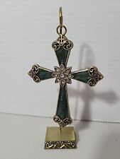 Stunning Brass (?) Cross on a Stand with Enameled and Clear Rhinestone  picture