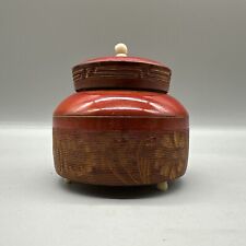 Japanese Round Wood Turned Trinket Box w/Lid Etched Lacquered Three Legs Vintage picture