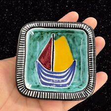 Vintage Norway Art Pottery Small Trinket Dish Ashtray Signed Hand Painted Ship picture
