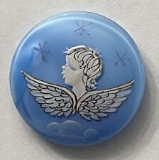 Vintage Czech Light Blue Glass w/Hand Painted ANGEL Button - 1-1/16