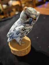 Vintage Snow Owl Figurine On Log Perch Carved  Painted Bird picture