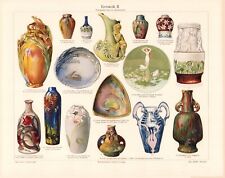 c1900 #2 ORNATE POTTERY CHINA VASES & PLATTERS COLOR CHROMOLITHOGRAPH @10x13 picture