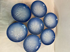 Vintage Set Of 7 Japanese Arita Mansen Embossed Blue Orchid Saucers picture