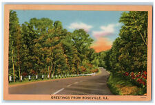 1951 Greetings from Roseville Illinois IL Road with Fences Trees View Postcard picture