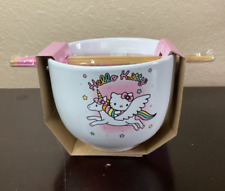 NEW Hello Kitty Ceramic Ramen Bowl 20 Oz w/Chopsticks Rainbow Unicorn ULTRA RARE picture