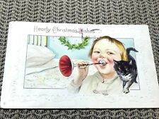 Wonderful 1913 Antique Embossed Christmas Postcard Boy Horn Cat  picture