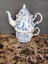 HARRY & DAVID  Blue And White Floral Porcelain Stacking Teapot Cup Set For One picture