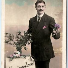 c1910s French Happy New Year Handsome Man Flower RPPC Hand Colored Photo PC A136 picture