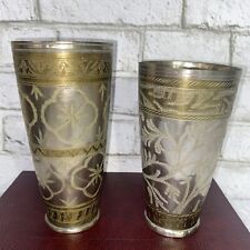 2 Antique/VTG Hand Carved North Indian Brass Tumbler Water/Milk Lassi Glass Cup picture
