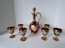 Vintage MOSER BOHEMIAN Ruby Glass Hand Painted GILT DECANTER & 6 WINE GLASSES picture