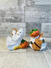 Vintage Set Of 2 Ceramic Halloween Figurines Musician Ghosts Pumpkins 4” Tall picture