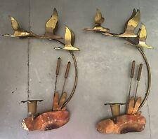 VINTAGE MCM SEAGULLS METAL WALL HANGING BIRDS CANDLE HOLDER BRASS SET OF 2 picture
