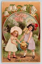 Victorian Easter~Little Girls in Add-On Silk Dresses Carry Chick in Basket~1910 picture