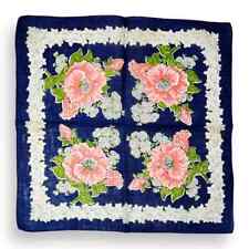 Vintage Handkerchief, navy blue with pink flowers, springtime decor, accessory picture