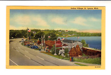INDIAN VILLAGE, ST. IGNACE, MICH. –SOUVENIRS & INDIAN GOODS –1950 Linen Postcard picture