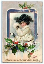 1906 Happy New Year Girl Handwarmer Snowball Holly Berries Johnstown PA Postcard picture
