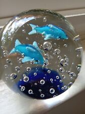 Round Art Glass Dolphin & Fish Ocean Sea Aquarium Bubbles Blue Reef Paperweight picture