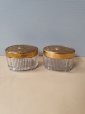 Vintage Glass Vanity Containers w/ Brass Embossed Lids/ Set Of 2 picture