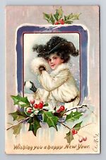 Wishing You A Happy New Year, Woman At Window, Embossed Vintage Postcard picture